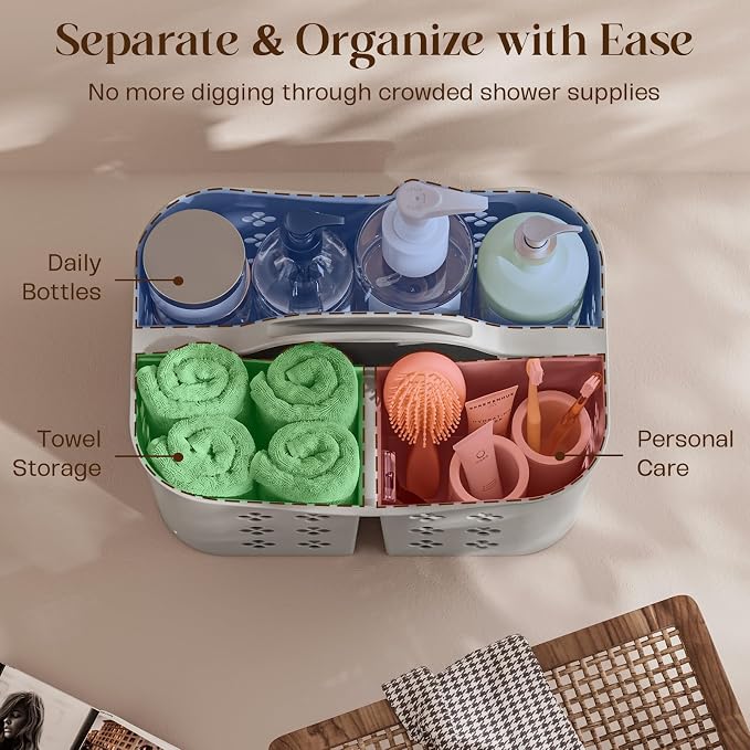 Portable Shower Caddy with Handle, Large Capacity Shower Basket Organizer, Quick-Drain Bathroom Storage Tote, Durable Plastic Shower Organizer for College Dorm, Beach, Gym, Travel Essentials, Grey