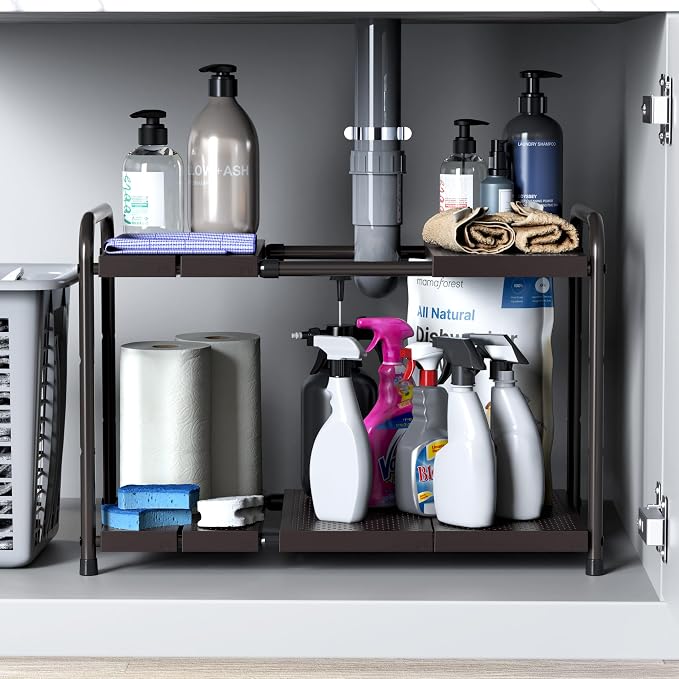 Simple Houseware Under Sink 2-Tier Heavy Duty Expandable Rack Organizer, Adjustable Width 15.75–25 Inches with 4 Shelf Height Levels, Bronze