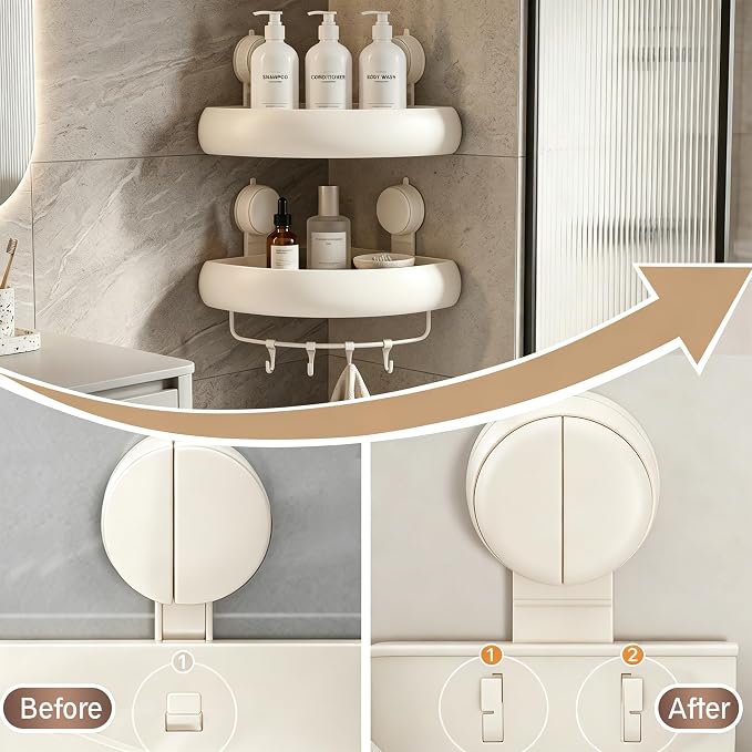 Corner Shower Caddy Suction Cup,2 Pack Cream White No-Drilling Shower Shelves,Rust Proof Shower Racks for Inside Shower with Removable Hooks and Towel Bar