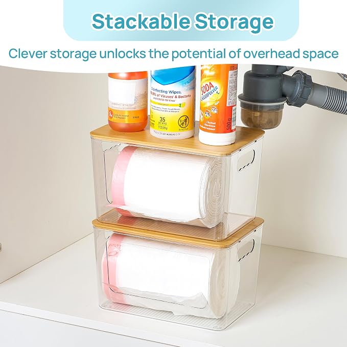 Vtopmart 2 Pack Trash Bag Holder with Bamboo Lid, Stackable Garbage Bag Dispenser for 13/30/33 Gallon Bags, Clear Organizer Bins for Under Kitchen Sink, Laundry Room Organization and Storage
