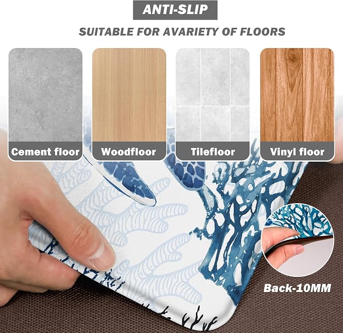 Coastal Beach Kitchen Floor Mat Rugs Nautical Decorative Coral Sea Turtle Kitchen Rugs Anti Fatigue Mats Non-Slip Comfort Standing Cushioned for Kitchen 17.3" 28" + 17.3" x 47" Set 2 Pcs Navy Blue