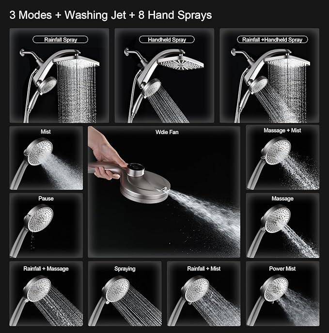 BOZYBO Rain Shower Head with Handheld: High Pressure Shower Heads with Handheld Spray Combo, 12" Rainfall Shower Head and 9 Sprays Hand Showerheads with Magnetic Docking and Power Jets, Nickel