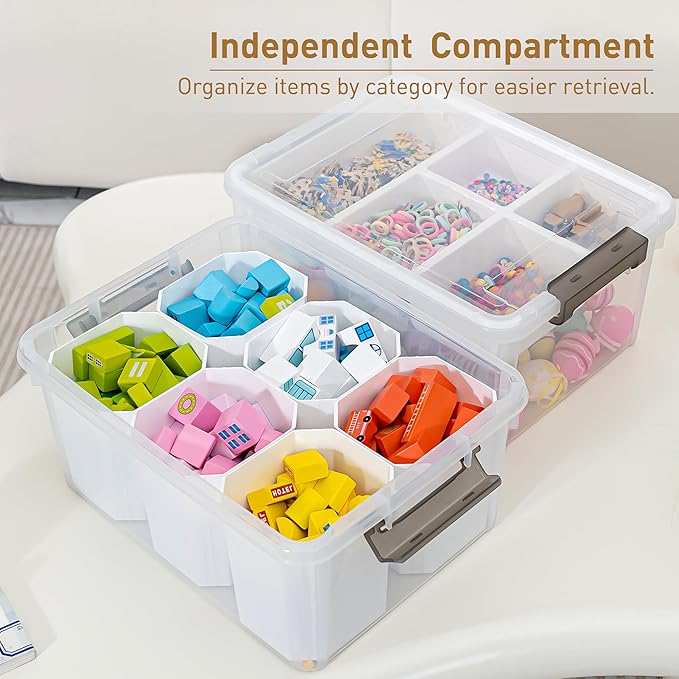 Citylife 17 QT Plastic Storage Box with Removable Tray and 6 Detachable Tall Inserts Craft Organizers and Storage Clear Storage Container for Organizing Crayon, Craft, Sewing, Playdoh, 2 Packs