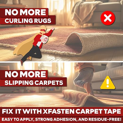 XFasten Double Sided Carpet Tape - 2” x 20yd (3-Pk) Bulk Double Sided Rug Tape for Carpet, Indoor Outdoor Carpet Tape for Area Rugs over Carpet, Strong Adhesion Carpet Binding Tape for Hardwood Floors