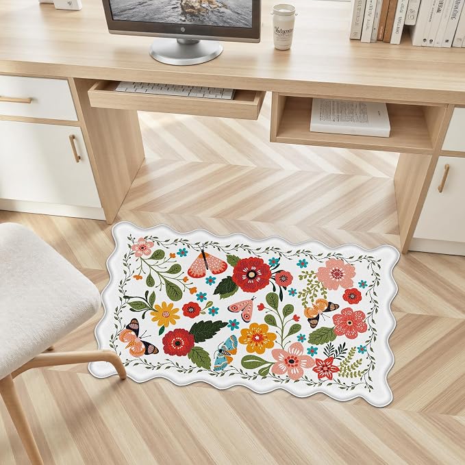 Arenarug Scalloped Kitchen Mats for Floor Cushioned Anti Fatigue Kitchen Mats Rugs Waterproof Non Slip Farmhouse Boho Floral Comfort Foam Standing Mat for Sink Laundry, White, 17.3x30