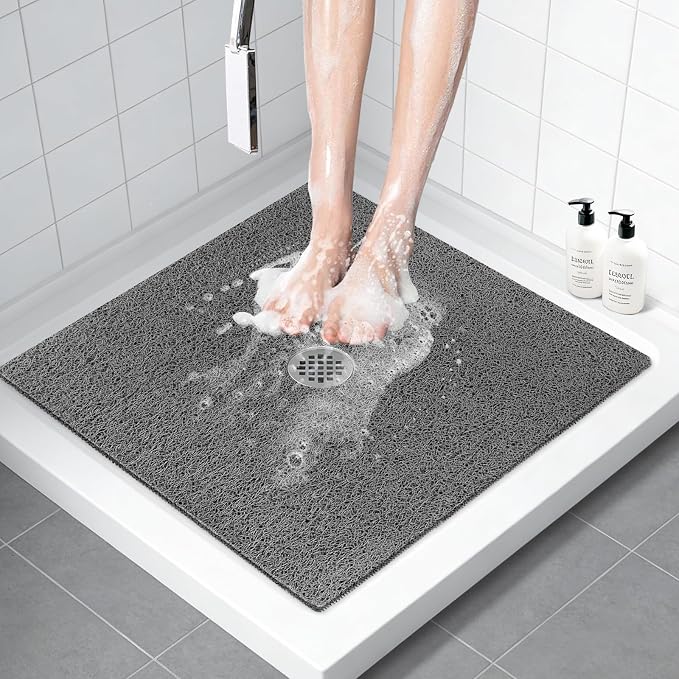 ZOESOE Square Shower Mat Non Slip: 27x27 Inch Large Shower Mats for Inside Shower with Drain Hole in Center, Super Soft PVC Loofah Massage Shower Stall Mat, Anti Slip Shower Floor Mat, Quick Drying