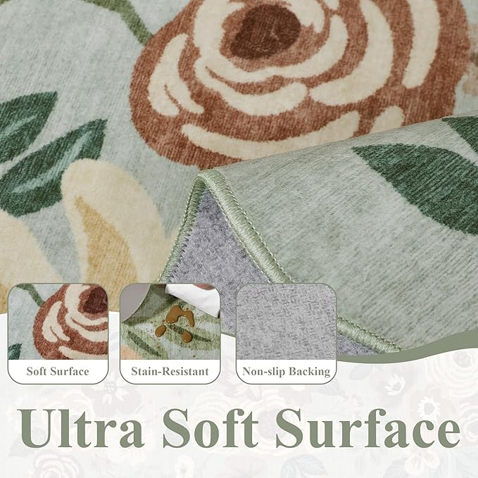 DUKINO 2x8 Washable Runner Rug, Soft Floral Hallway Rug Runner with Low Pile Design, Non Shedding & Non Slip Backing Thin Indoor Carpet for Bedroom, Bathroom, Entrance, Kitchen, Sage Green