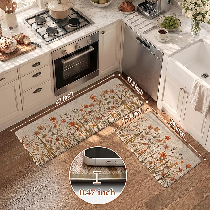 KIMODE Fall Kitchen Mats Cushioned Anti Fatigue, Orange Farmhouse Kitchen Rugs Sets of 2, Non Slip Kitchen Mats for Floor, Padded Kitchen Floor Mats for Sink Laundry Office Desk 17"x47"+17"x29"