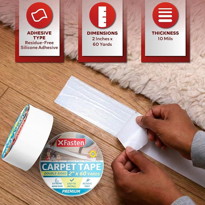 XFasten Double Sided Carpet Tape for Area Rugs, 2 Inch x 60 Yards – Heavy Duty Anti Slip Rug Grip Tape, Works as Rug Gripper, Residue Free, Wood Safe, Easy Removal for Hardwood and Laminated Floors