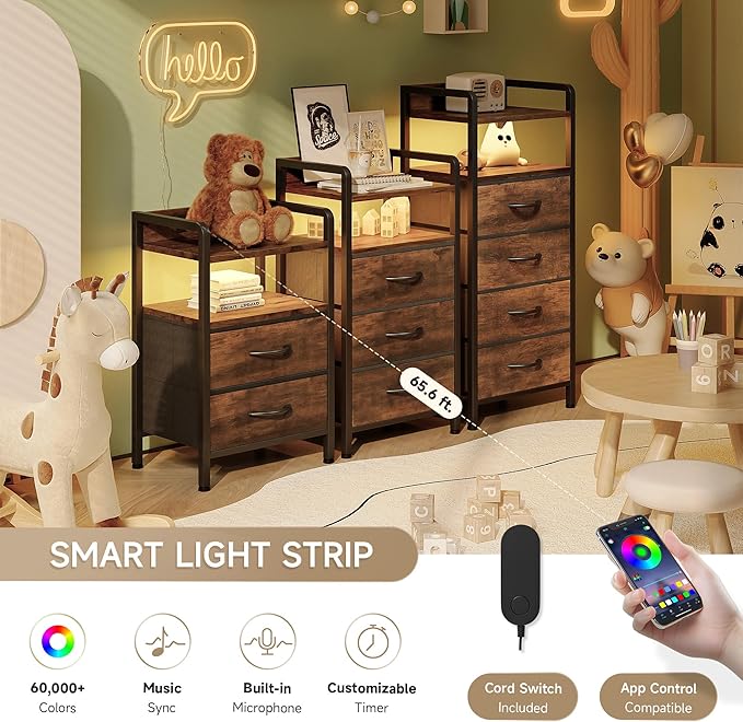 Lazzanto Night Stand Bedside Table Bedroom - Nightstand with Charging Station, Night Stand with LED Light Strip, End Table with U-S-B Ports & AC Outlets, Storage Shelf & 2 Fabric Drawers, Rustic Brown