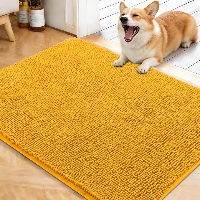 OLANLY Dog Door Mat for Muddy Paws 40x32, Absorbs Moisture and Dirt, Absorbent Non-Slip Washable Doormat, Quick Dry Chenille Mud Mat, Entry Indoor Entryway Carpet for Inside Floor, Golden Yellow