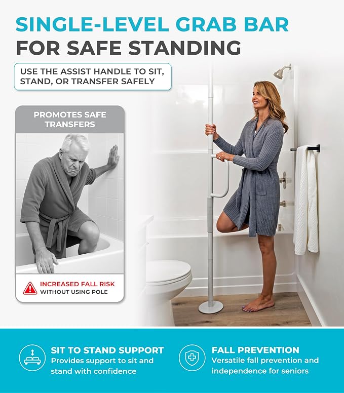 Stander Single Handle Non-Rotating Floor to Ceiling Grab Bar, No-Drill Tension Mounted Transfer Pole for Seniors, Bath Safety & Bedside Assist Rail for Home Standing Support & Fall Prevention, White