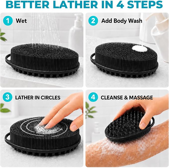 2 Pack Silicone Body Scrubber, Loofah Double-Sided Body Brush,Shower Scrubber and Scalp Massager Shampoo Brush for Sensitive Kids Women Men All Kinds of Skin (Black & Gray)