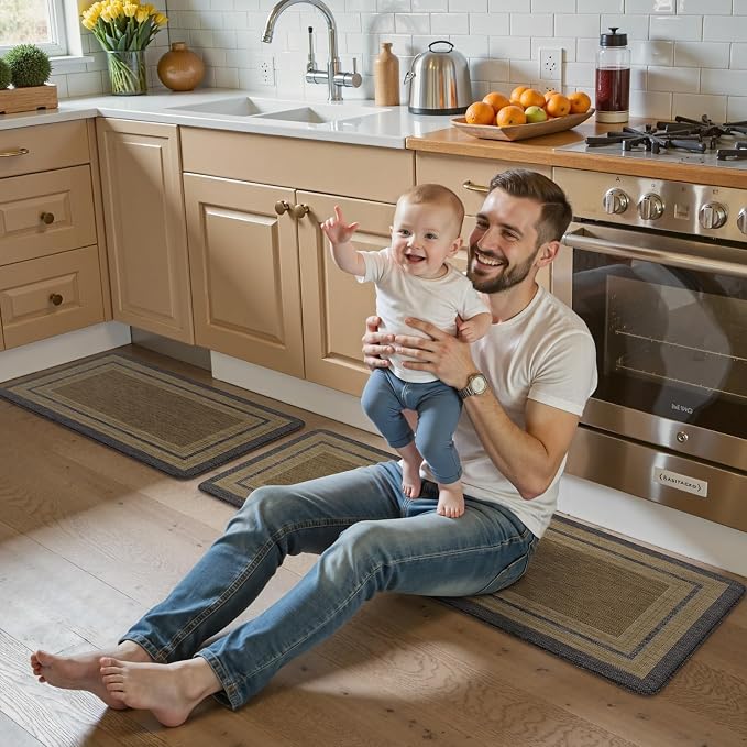 KIMODE Anti Fatigue Kitchen Mats 17"x47"+17"x29", Farmhouse Kitchen Rugs Sets of 2, Non Slip Kitchen Mats for Floor, Cushioned Comfort Standing Mats for Home Deocr Sink Laundry Office Desk Grey/Brown
