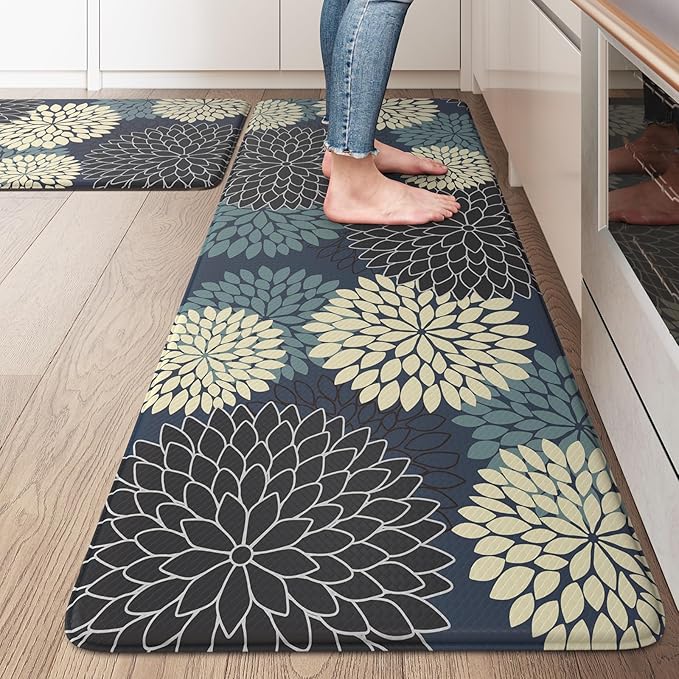 KIMODE Padded Anti Fatigue Rug Sets of 2, Ergonomic Standing Kitchen Rugs 2PCS, Boho Dahlia Kitchen Mats for Floor 2 Pieces Stain Resistant, Non Slip Kitchen Sink Floor Mat, 20"x32"+20"x47", Blue