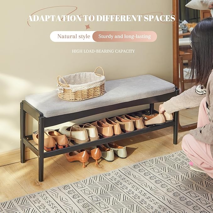 Shoe Bench Entryway Bamboo 2-Tier Shoe Rack with Cushion Padded Seat Shoe Bench Organizer Stable for Entry, Hallway, Living Room, Bedroom, Closet (39.4 * 11.4 * 16.5IN, Black-Gray)