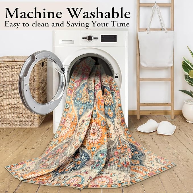 Lahome Moroccan 5x8 Area Rug, Ultra-Thin Washable Rugs for Living Room Bedroom, Soft Large Oriental Non-Slip Non Shedding Throw Large Carpet for Dining Room Office Elise, Cream/Multi