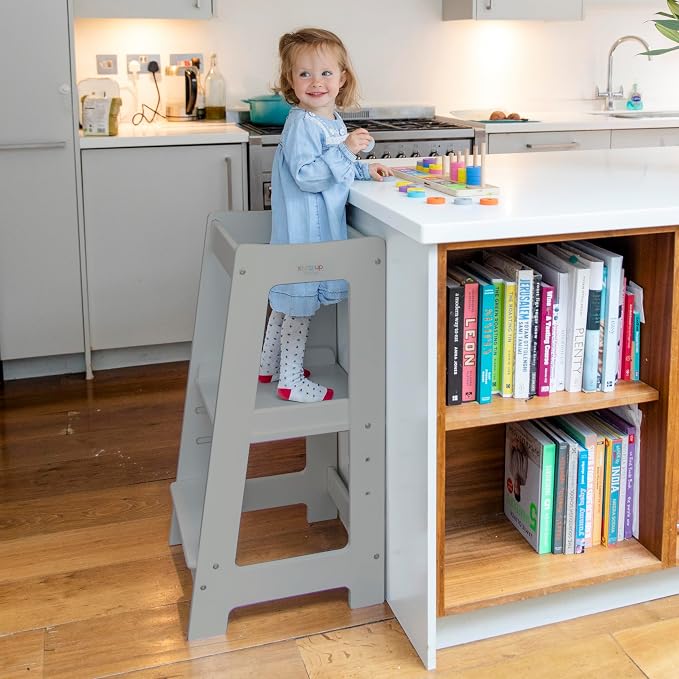 Stepup Baby Toddler Standing Tower - 3 Level Adjustable Wooden Kitchen Step Stool, Bathroom Sink, Kitchen Counter, Kids 18 Months to 4 Years Gift - Gray