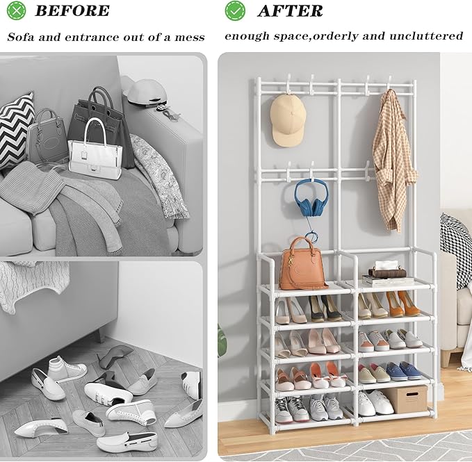 Laiensia 5-Tier Entryway Coat Rack, Coat and Shoe Rack, Entryway Bench Storage Organizer with 8 Hooks for Bedroom, Hallway, Office, White