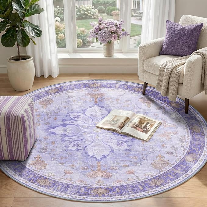 RELEANY Area Rugs Round 4ft Washable Non-Slip, Floral Vintage Distress Medallion Carpet for Living Room Bedroom Dining Room, Light Purple Brown