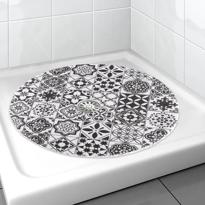 Shower Mat Non Slip, Round Shower Mat for Inside Shower, Non Slip Bathtub Mat, Fast Drying Bath Tub Mats, Loofah Mat for Shower Bathroom, Quick Drying, Resistant (Black Mosaic, 32" (Round))