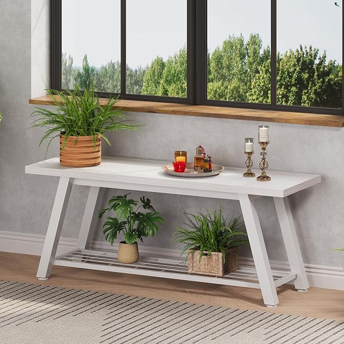 Oastreeful Industrial Entryway Bench Rustic Wood and Metal Storage Bench for Indoor Living Dining Room Bedroom Long Shoe Benches Seat (White)