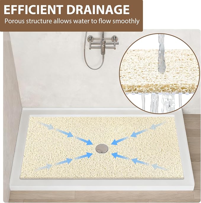 Extra Large Non Slip Shower Mat: 47.2x31.5 inch Loofah Shower Mat for Inside Shower with Drain Hole in Middle, Soft PVC Anti-Slip Shower Stall Mats for Bathroom,Wet Area, Quick Drying