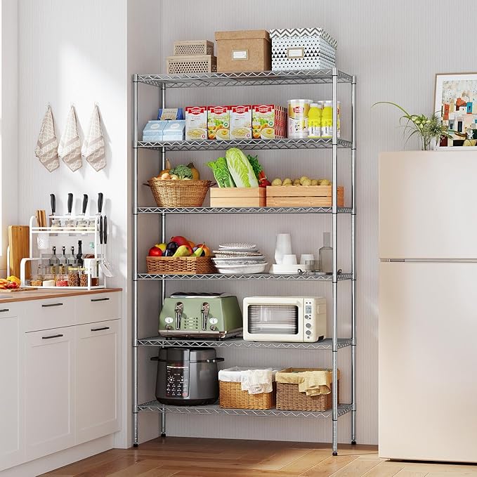 BestOffice | 6-Tier Wire Storage Shelves with Wheels | 18x45x82 | Chrome | Adjustable Racks | Heavy-Duty Metal Shelf, Holds Upto 2100 lbs | No-Tool Assembly | Ideal for Home & Garage Shelving