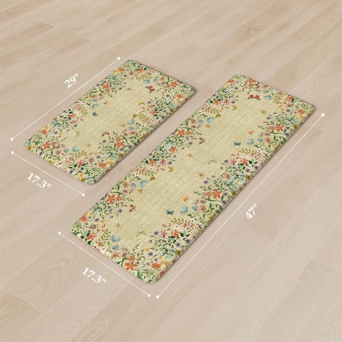 KIMODE Anti Fatigue Mats for Kitchen Floor 17"x47"+17"x29", Brown Butterfly Floral Kitchen Rugs Sets of 2, Cushioned Kitchen Floor Mats, Non Slip Standing Mat for Sink Laundry Office Desk