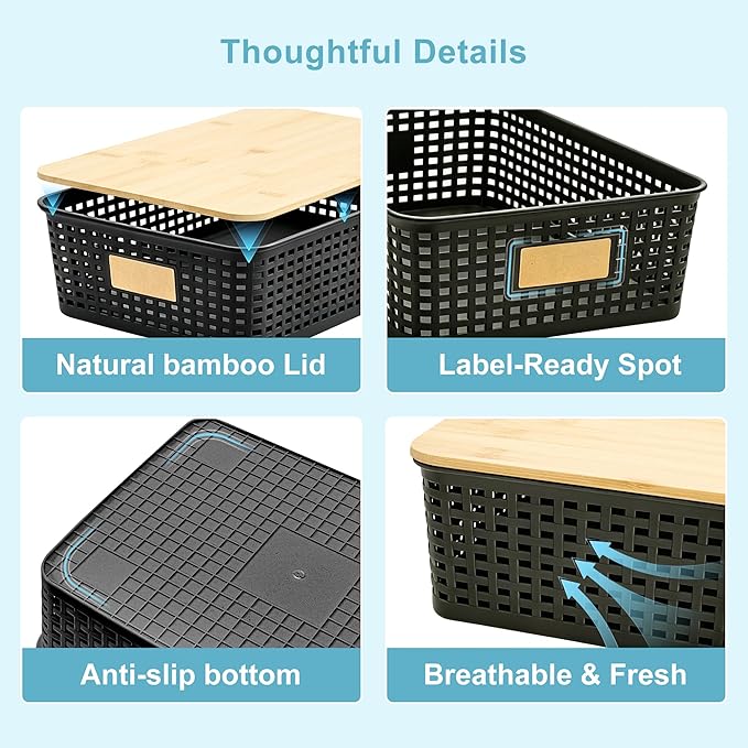 Bagnizer 4 Pack Plastic Storage Bins with Bamboo Lids, 6.2qt Stackable Storage Organizer Box with Lable for Pantry Shelves Drawers Desktop Office, 12"L x 8.3"W x 3.5"H, Black