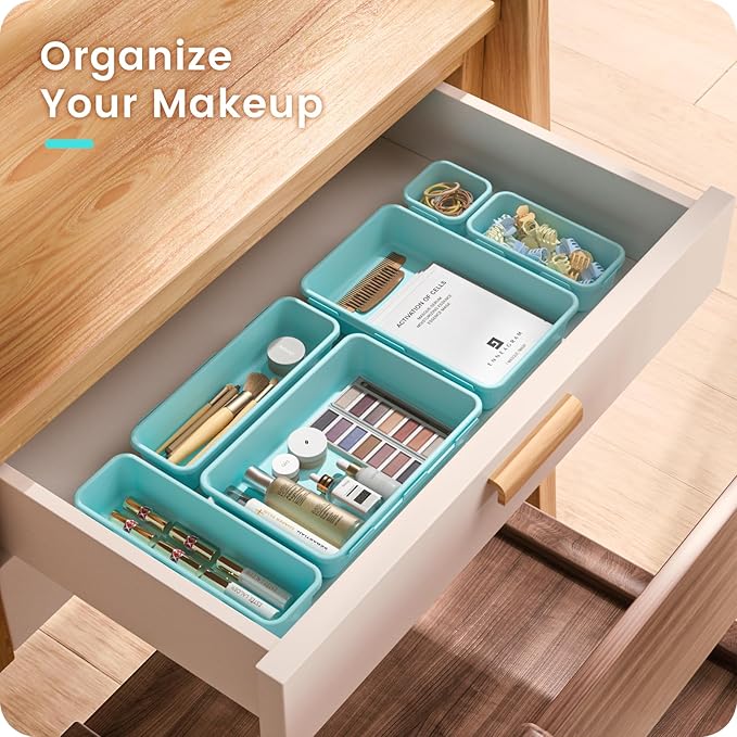 A-LuGei 【Military Grade】 Drawer Organizer, 【𝟱𝗦𝗶𝘇𝗲】 Makeup organizer, 【Holds 177 Items】 Bathroom Organizers and Storage, Organization and Storage, Desk Drawer Organizer for Vanity (Blue)
