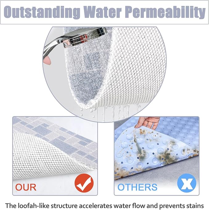 Shower Mat Non Slip Large Bath Tub Mat Non Slip 24''x32'' Loofah Bathroom Shower Mat for Inside Shower Soft Textured Foot Massage Pad Bathroom Floor Mat for Wet Area No Suction Cups Quick Dry