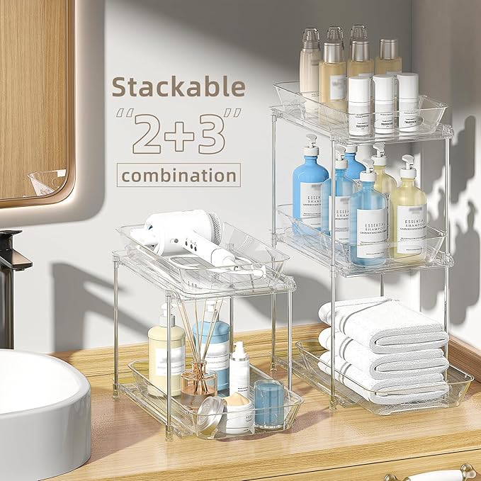 Sevenblue Under Sink Organizer, Bathroom Organizers and Storage, 2 Tier Multi-Use Pull Out Cabinet Organizer with Hang Hooks and Cups (transparent, 4 Pack)