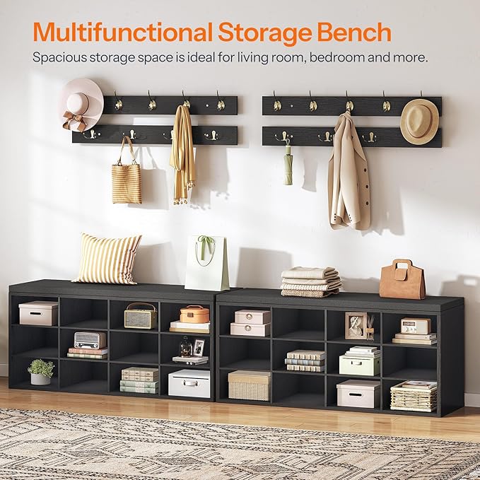 HOOBRO Shoe Storage Bench with Cushion, 39.4" L Entryway Bench with 12 Cubbies, Entryway Hall Tree with Storage, Cubby Shoe Rack Bench with Coat Rack for Hallway, Holds up to 330 lb, Black BB112HX01