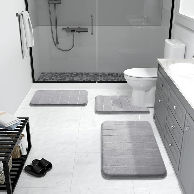 Yimobra Memory Foam Bath Mat Set 3 Pieces- Super Soft Absorbent Quick Dry Bathroom Rug Sets, Machine Washable Non Slip Floor Carpet for Tub Shower, Vanity & Toilet Base, Gray