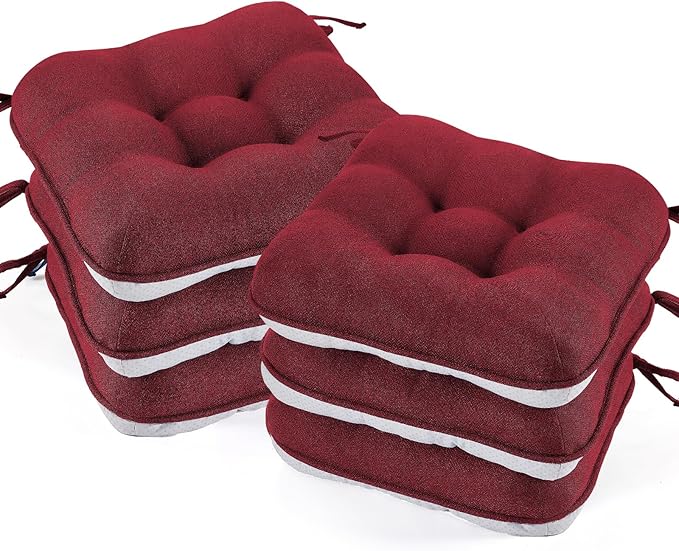 BETU Chair Cushions for Dining Chairs Set of 6,3.5" Thick Kitchen Table Chair Pads with Ties,Non Slip Backing and Covers, Home Decor Seat Cushion for Dining Room,Bar,Patio Chairs,15.5"X15.5"X3.5",Red