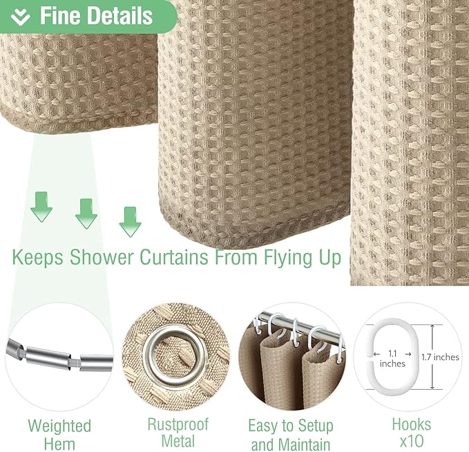 Dynamene 60 inch Stall Shower Curtain - Waffle Weave Heavy Duty Thick Fabric Shower Curtains for Bathroom,Weighted Hotel Spa Luxury Cloth Bath Curtain Set with 10 Plastic Hooks,60x72, Beige/Khaki