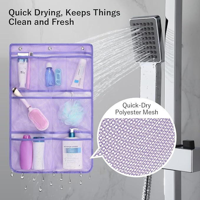 F-color Cruise Essentials 2026 - Mesh Shower Organizer Hanging with 7 Pockets for RV Gym Camping, Quick-Dry Portable Toiletry Bag with Metal Hooks for Bathroom Travel Toiletries, Purple+Purple