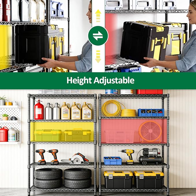 IZEUK 5-Tier Heavy Duty Metal Storage Shelving Unit, Adjustable Steel Wire Rack Shelf Organizer for Garage, Kitchen, Basement, Laundry, Office(Black, 17.7" D x 47.2" W x 72.3" H, 1750 lbs Capacity)