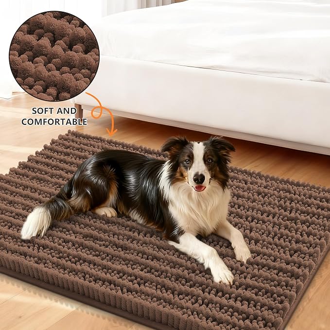 Smiry Dog Door Mat for Muddy Paws 30x20, Absorbent Dirt Trapper, Non-Slip Washable Chenille Entryway Rug for Inside Floor, Mocha, Layered Pattern