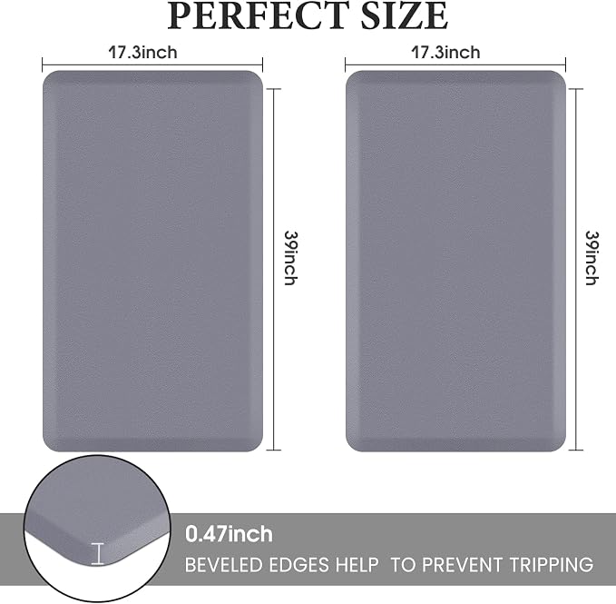 HappyTrends 2 PCS Kitchen Mat Cushioned Anti-Fatigue Floor Mat, Heavy Duty Ergonomic Comfort Foam Standing Mat, Waterproof Non-Slip Kitchen Rugs for Home, Office(17.3"x39"+17.3"x39",Grey)
