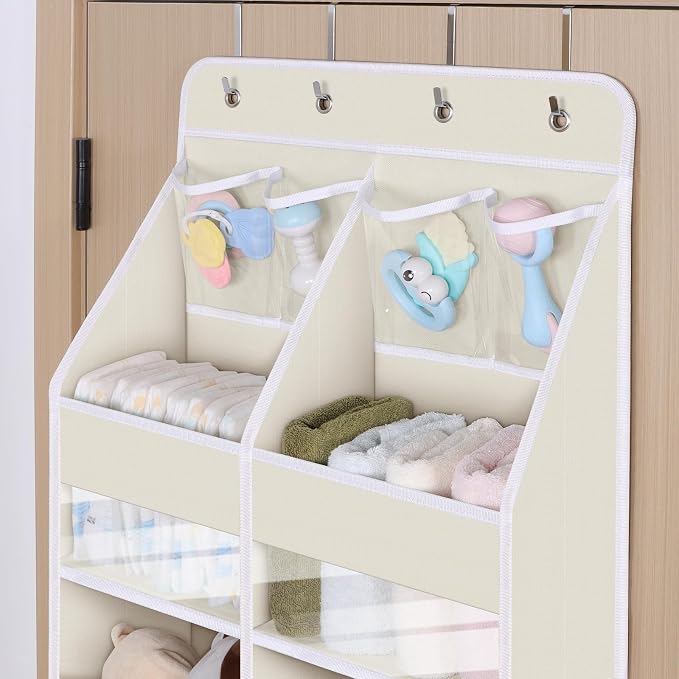 Univivi 5-Shelf Fabric Baby Door Storage Over Door Hanging Organizer with 8 Deep Pockets and 4 Small PVC Pockets Wall Mount Hanging Storage Organizers for Baby Essential (Beige)
