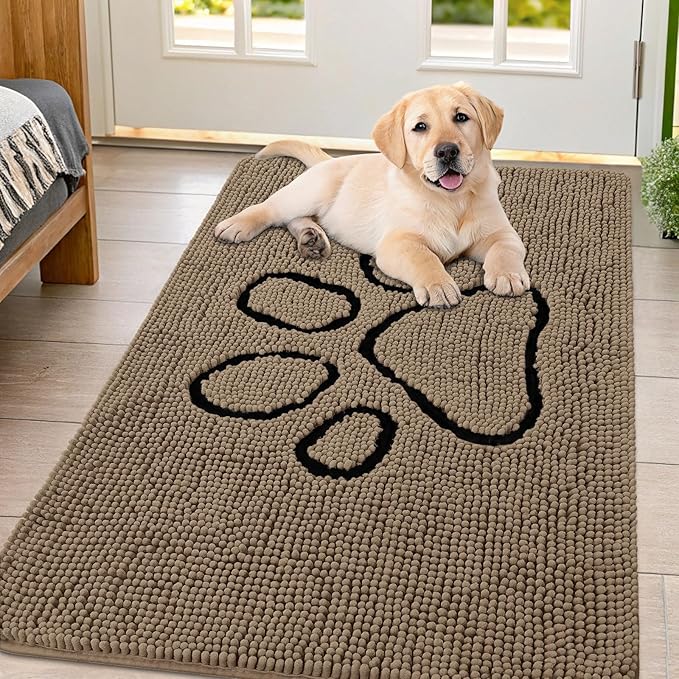 Smiry Dog Door Mat for Muddy Paws, Absorbent Dirt Trapper Non Slip Quick Dry Washable Chenille Mat for Mud Dogs, Entry Rug for Indoor and Outdoor (44x32 Inches, Camel and Black)