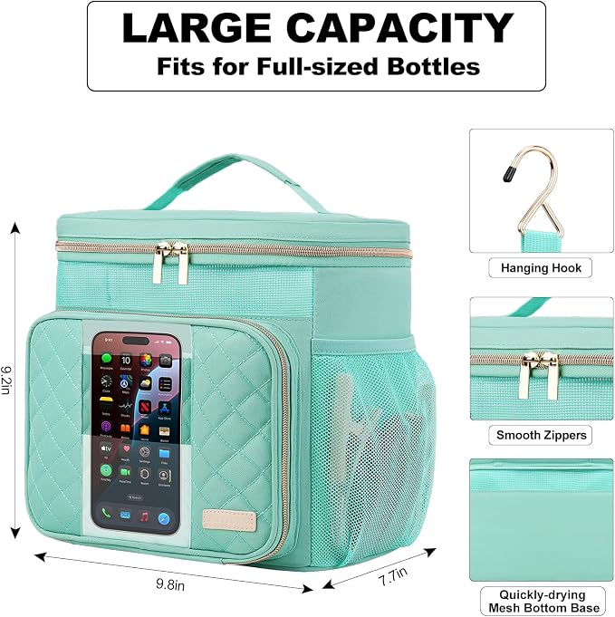 Portable Shower Caddy College Dorm Essentials(Full Size Bottle Compatible), Toiletry Bag for Women Men, Hanging Makeup Organizer Bag for Travel,Gym & Camping, Mint Green