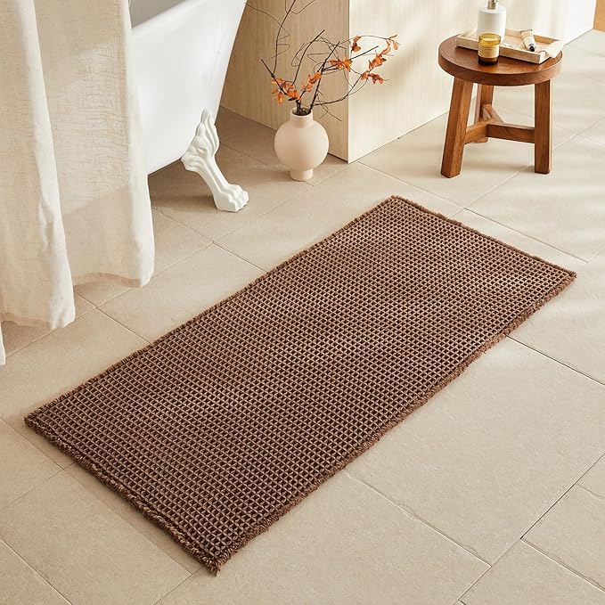 TYUU Waffle Bath Mat, Boho Bathroom Rugs Non Slip Washable Super Absorbent Quick Dry Bath Mat Farmhouse Bathroom Decor, 48"x24" Mocha