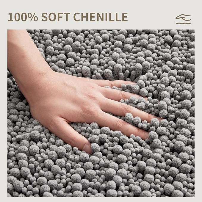 Bathroom Rugs Non Slip Washable 32x20, Extra Thick Soft Chenille Absorbent Bath Mat, High Density Barrier Non Slip Backing, Quick Dry Plush Shaggy Floor Carpet for Tub&Shower, Grey