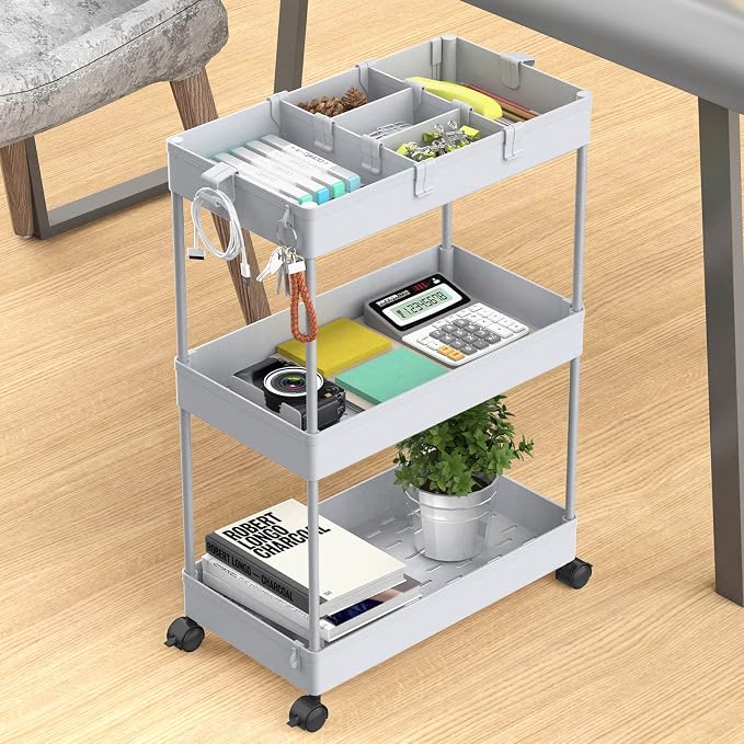 SPACELEAD 3 Tier Rolling Cart with Wheels, Storage Craft Art Trolley Organizer Serving, 3 Hanging Baskets Easy Assembly, for Office, Living Room, Kitchen, Gray