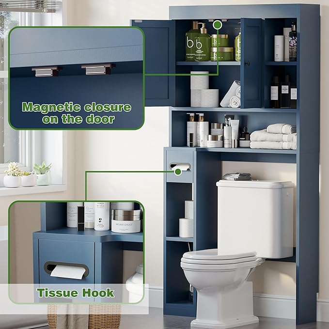Over The Toilet Storage Cabinet with 7 Shelves, Imitation Walnut Grain Above Toilet Bathroom Organizer with Toilet Paper Holder Stand, Space Saver for Restroom, Laundry, Bathroom (Navy Blue)