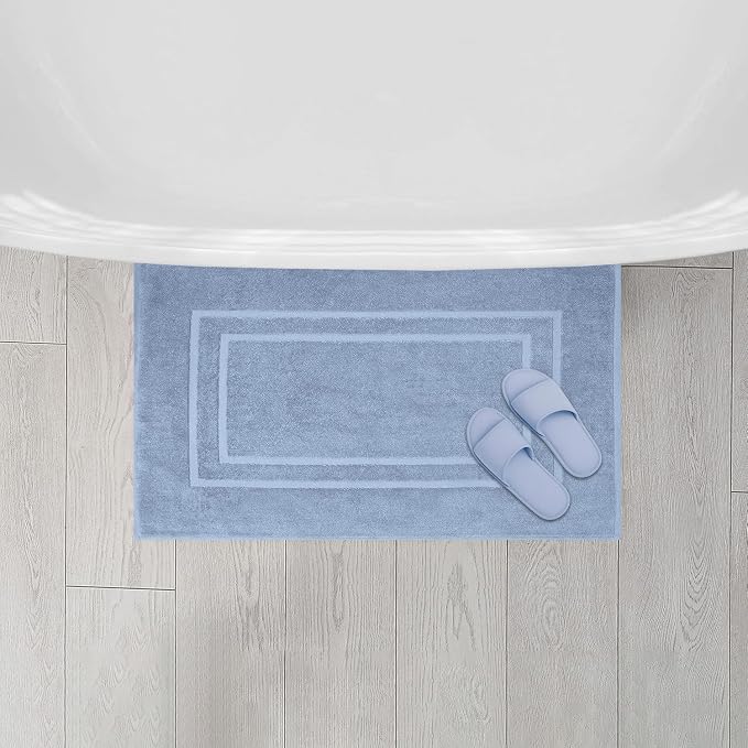 Feather & Stitch 2 Piece Towel Like Bath Mats (30x21 Inch) 100% Cotton Terry Bath Mats, Bathroom Shower Floor Mats [NOT A Bathroom Rug], Soft Absorbent Washable Mats - Pool Blue