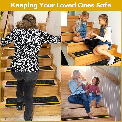 10 Pack Anti Slip Traction Treads with Reflective Stripe, 6” x 30” Grit Non Slip Waterproof Tape Pre-Cut Tape with Roller, High Traction Friction Abrasive Adhesive for Stairs Step, Black & Yellow